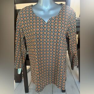 Rebecca Malone geometric pattern blue/orange 3/4 sleeve women’s top